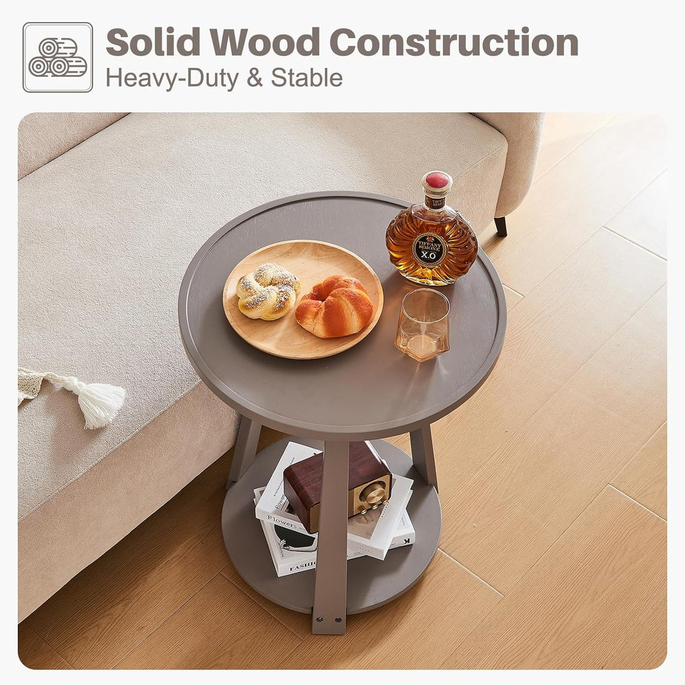 Solid Wood Round Side Table - Small Round Grey End Table, Wooden Modern Bedsi...