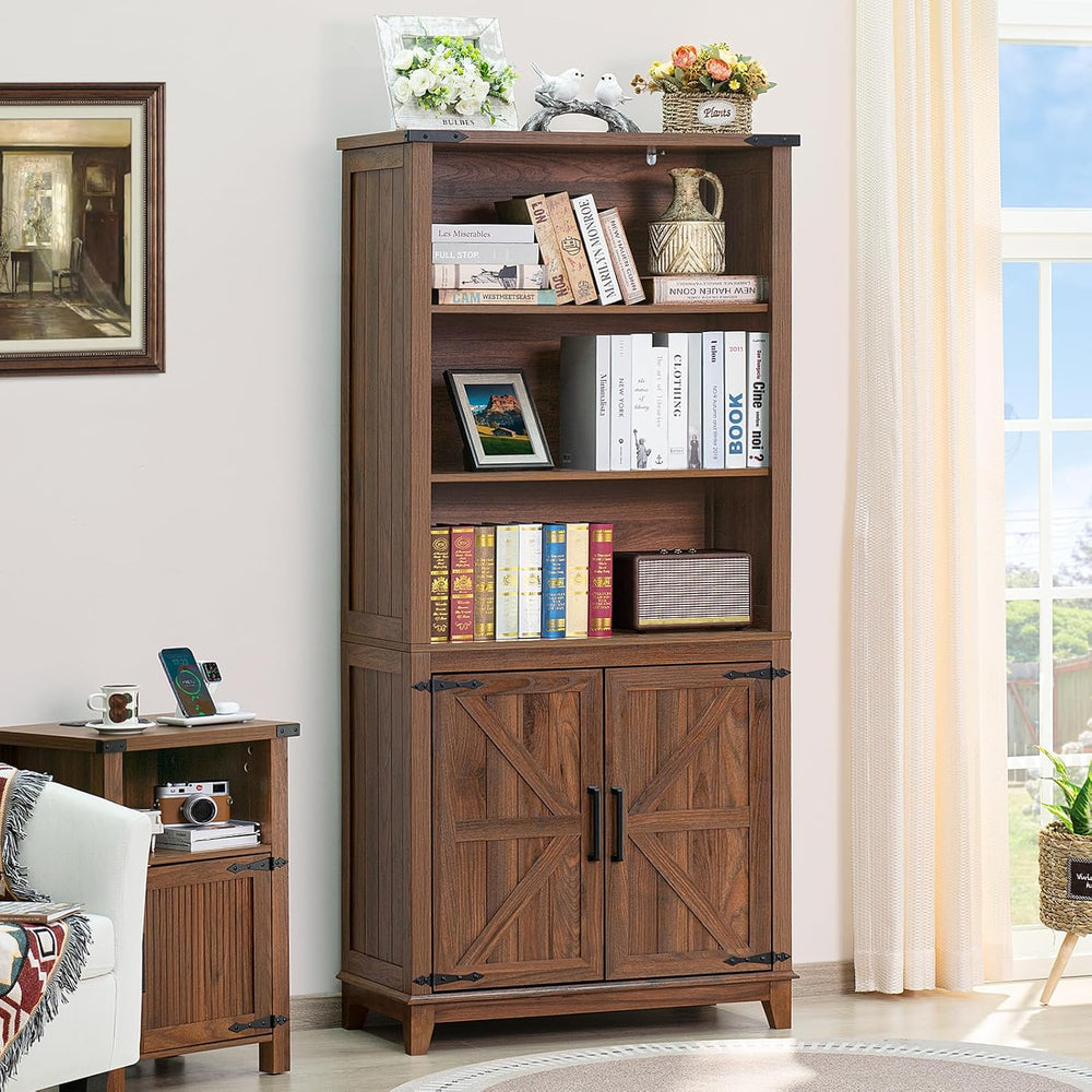 Joaxswe 70in Tall Bookshelf 5 Tier Bookcase with Barn Doors and Adjustable Sh...