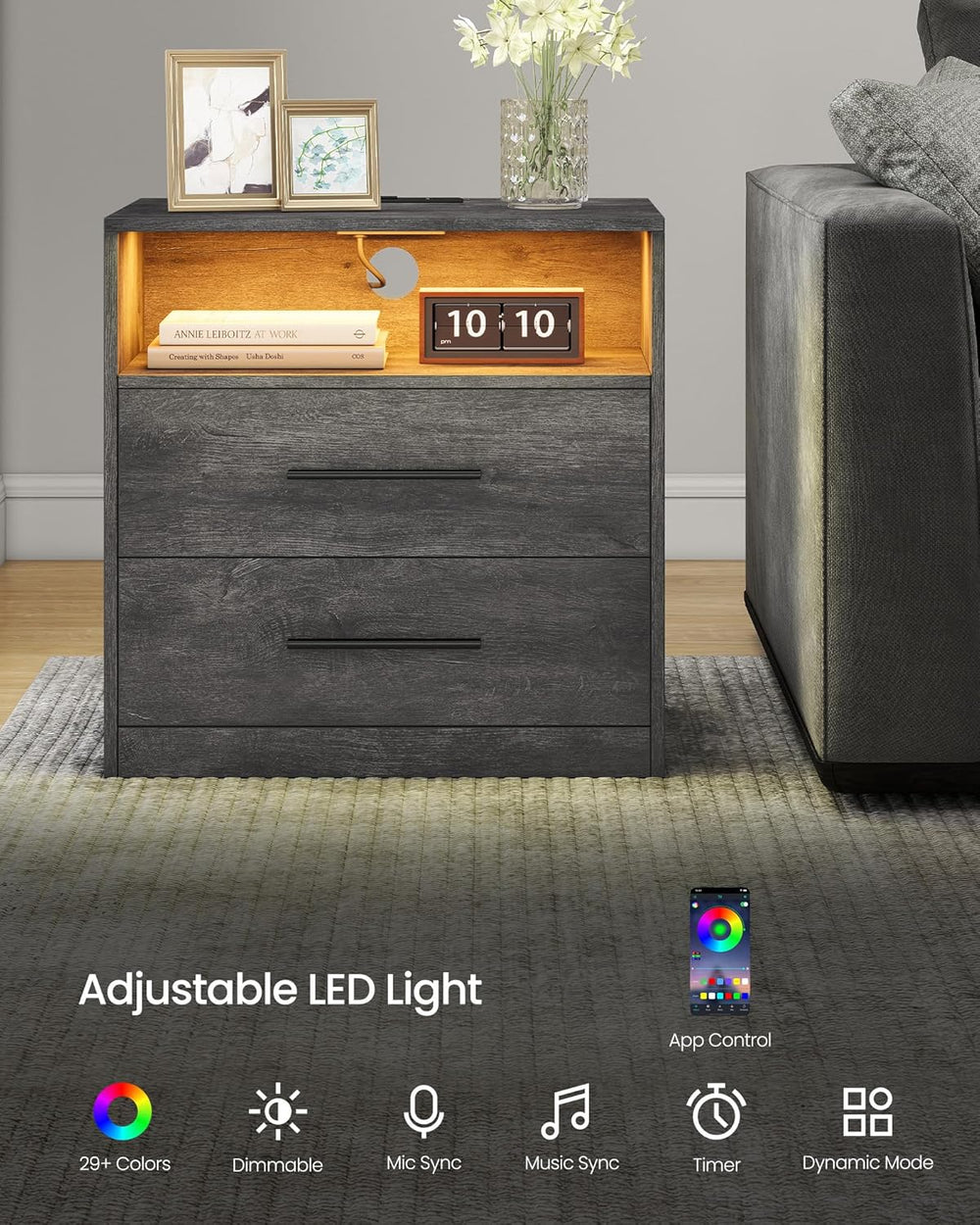VASAGLE 23.6‑Inch Wide Nightstands, Set of 2, LED Lights, 2 Drawers