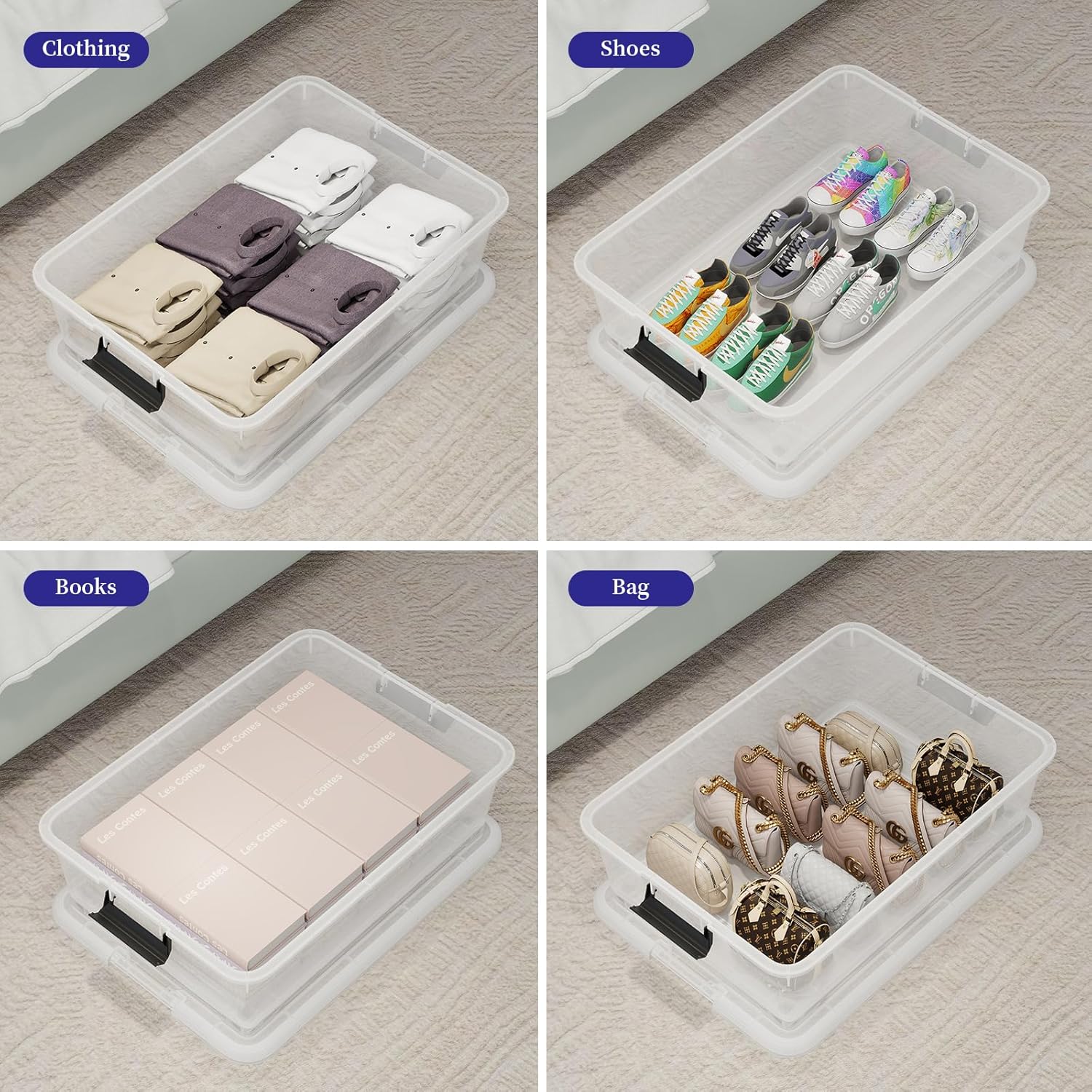 3-Pack Clear Plastic Underbed Storage Bins with Lids & Wheels, Rolling Under Bed Shoe Storage Containers, 25 Qt