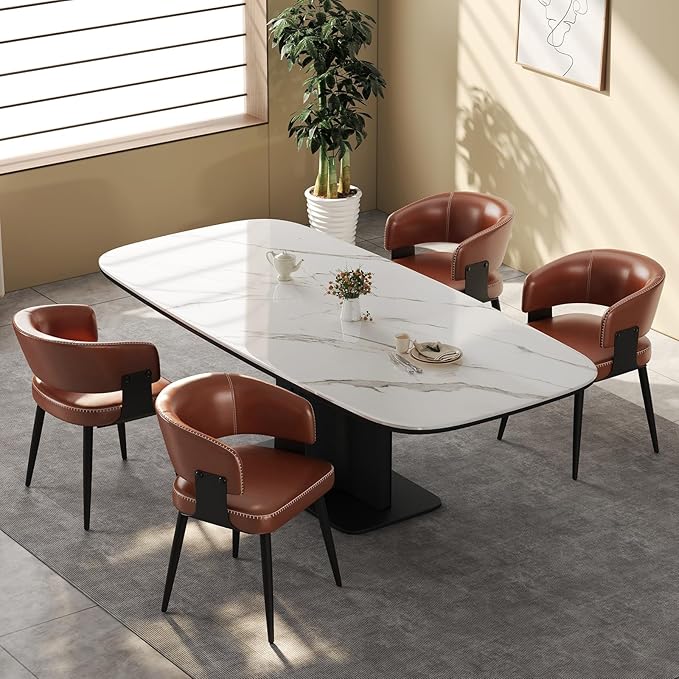 Modern Dining Chairs Set of 4, Upholstered Faux Leather Kitchen Side Chairs with Curved Open Back, Elegant Decorative Stitching, Easy Assembly for Dining Room, Restaurant, Cafe,Vintage Brown