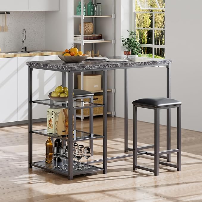 VECELO Small Bar Table and Chairs Set for 2, Upholstered Stools & Glass Storage Shelves, for Kitchen Dining Breakfast Nook, Space-Saving, Faux Marbled & Black