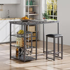 VECELO Small Bar Table and Chairs Set for 2, Upholstered Stools & Glass Storage Shelves, for Kitchen Dining Breakfast Nook, Space-Saving, Faux Marbled & Black