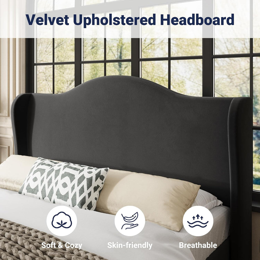 Allewie Queen Size Bed Frame, Plush Velvet Wingback, Modern Style, Black