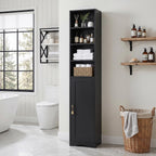 VECELO Narrow Tall Cabinet with Closed Door, 6 Adjustable Movable Shelves, Wood Space Saving Corner Storage Unit, Sleek Black