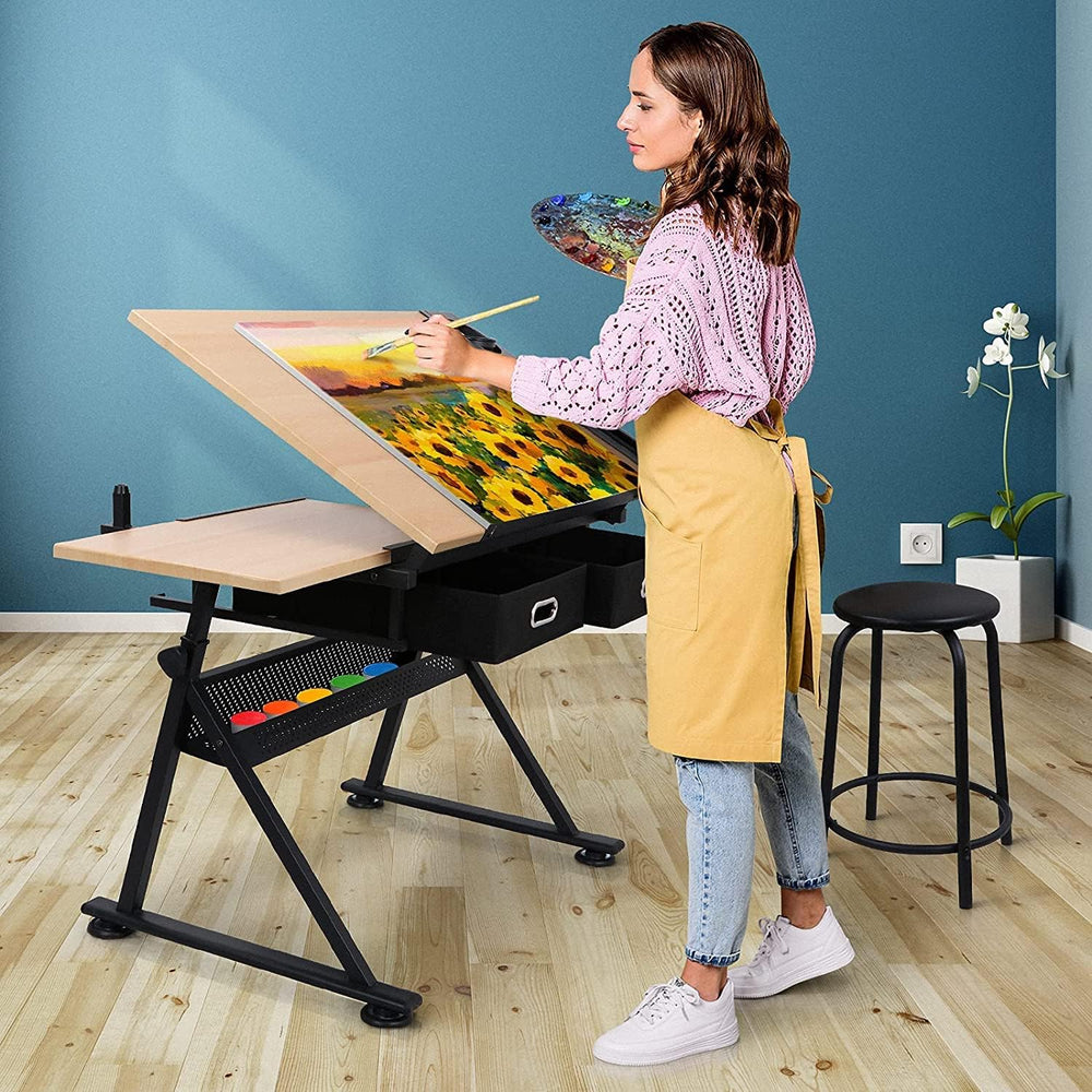 JupiterForce Drafting Table Art Desk with 2 Storage Drawers, Height Adjustabl...