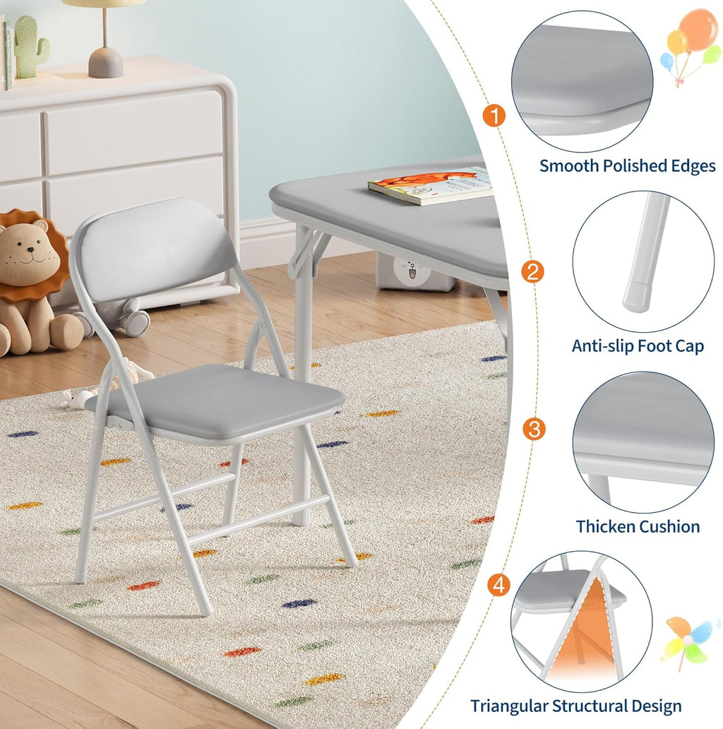 5-Piece Set Kids Folding Table and Chairs Set, Portable No-Assembly Dining Set with PU Cushion, for Boys Girls Eating Reading Playing -Gray