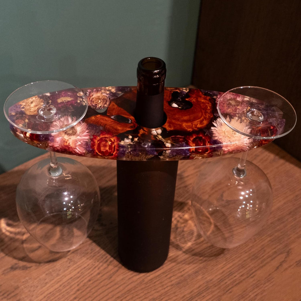 Handcrated Wood Wine Bottle & Glass Holder with Flowers Preserved, Vintage Countertop Stand for 1 Bottle & 2 Glasses, Unique Wine Caddy for Home Bar, Gift for Wine Lover