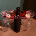 Handcrated Wood Wine Bottle & Glass Holder with Flowers Preserved, Vintage Countertop Stand for 1 Bottle & 2 Glasses, Unique Wine Caddy for Home Bar, Gift for Wine Lover