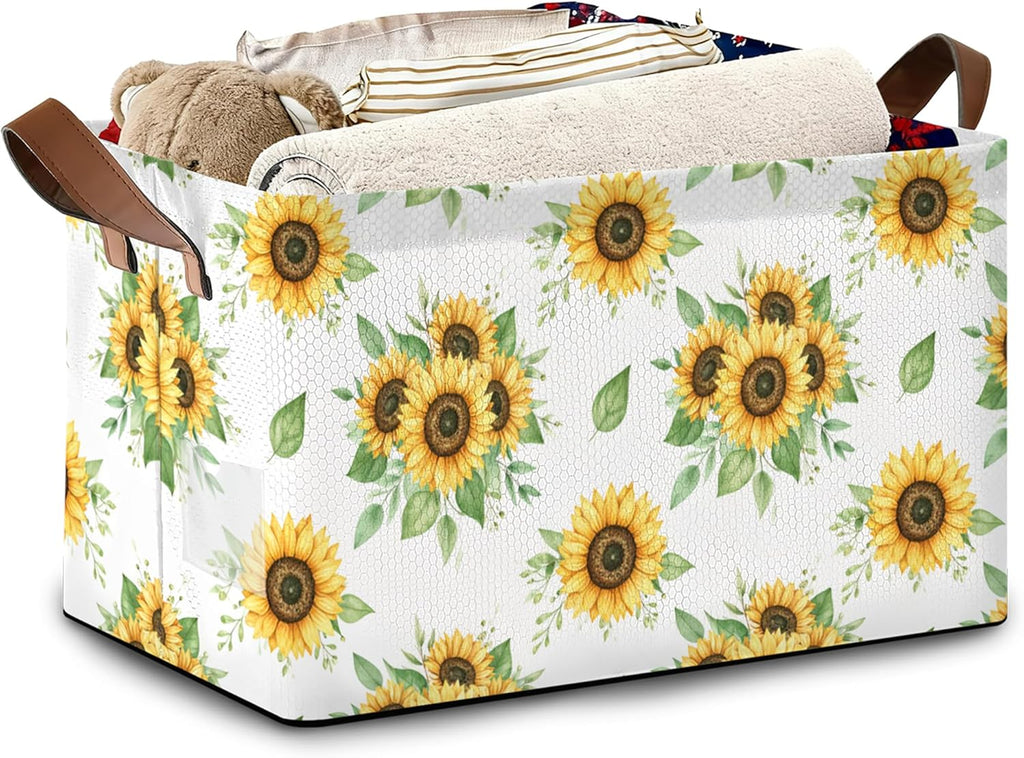 Sunflower Storage Basket with Handles,Leaf Collapsible Rectangle Organizer Bin for Room Decoration Books Box Baskets 17x11.5x10Inch