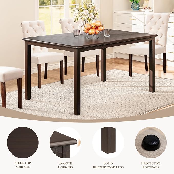 COLAMY 5-Piece Dining Table Set for 4, 60" Rectangular Farmhouse Kitchen Wood Table with 4 Tufted Dining Room Chairs, Brown/Beige