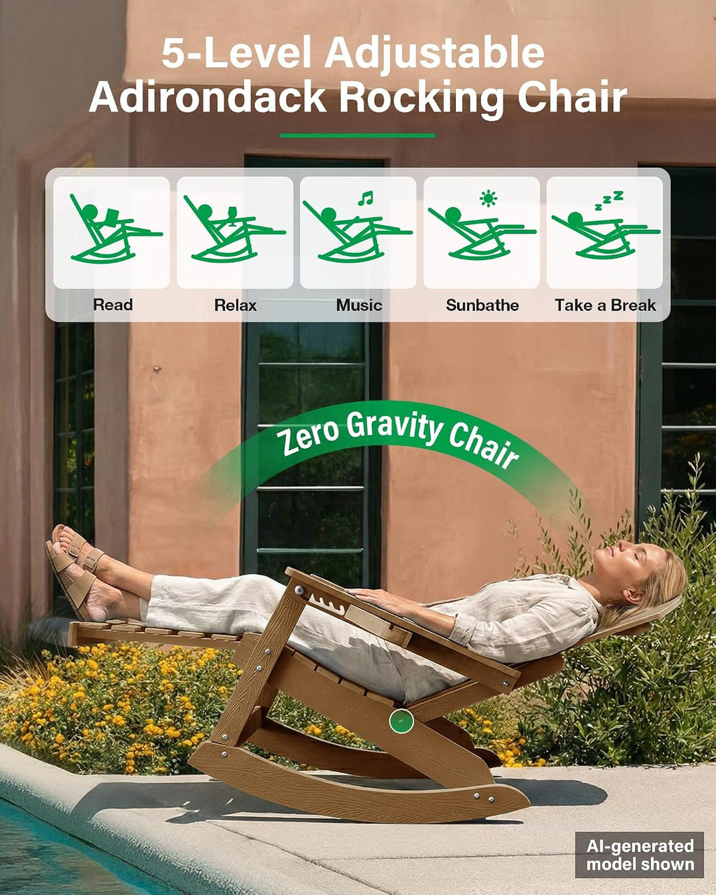 YEFU Adirondack Rocking Chairs, Adirondack Chair with Footrest, Teak | 5- Level Adjustable Backrest, Retractable Ottoman & Cup Holder, Like Real Wood, for Outdoor/Patio/Porch, Heavy Duty, 400 lbs