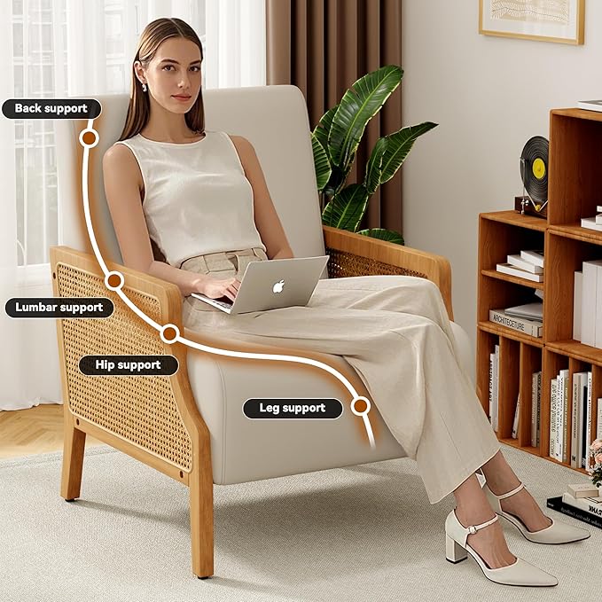 WENTMENT Modern Accent Chair, Armchair with Natural Rattan Armrest, Upholstered Living Room Chair Comfy Single Sofa Chair for Hosting Room/Bedroom,Beige