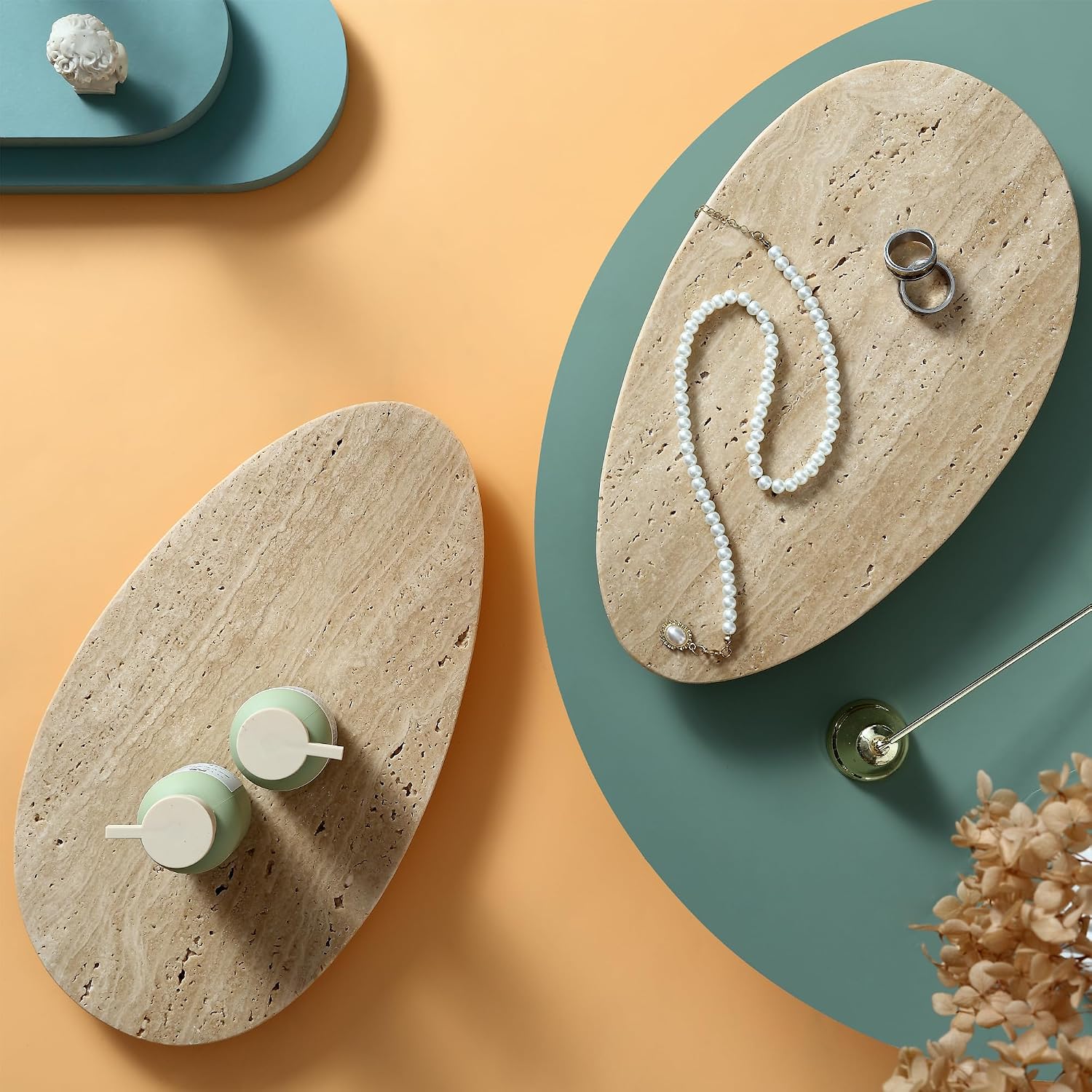 Natural Travertine Tray for Jewelry & Candle Holder | Unique solid stone with natural veining & holes. Versatile catchall for bathroom, vanity, entryway, or coffee table.