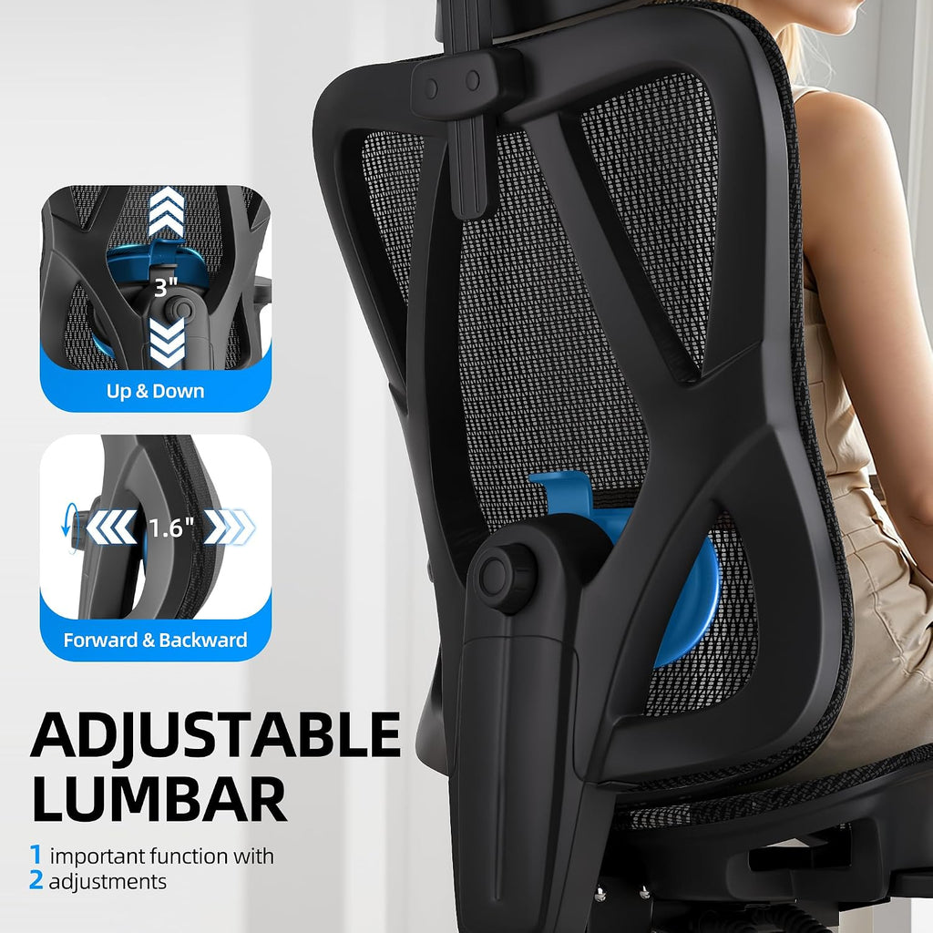 Ergonomic Office Chair, Breathable Mesh Back and Seat, High Back Desk Chair with Adjustable Lumbar Support, 5D Armrests, 135° Reclining Backrest, 2D Headrest, Home Office Computer Chair