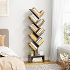 Hoctieon 9 Tier Tree Bookshelf, Tall Bookcase with Drawer, Wood Book Shelf, Modern Floor Standing Bookshelves, Book Organizer Shelves for Bedroom, Living Room, Home Office, Greige