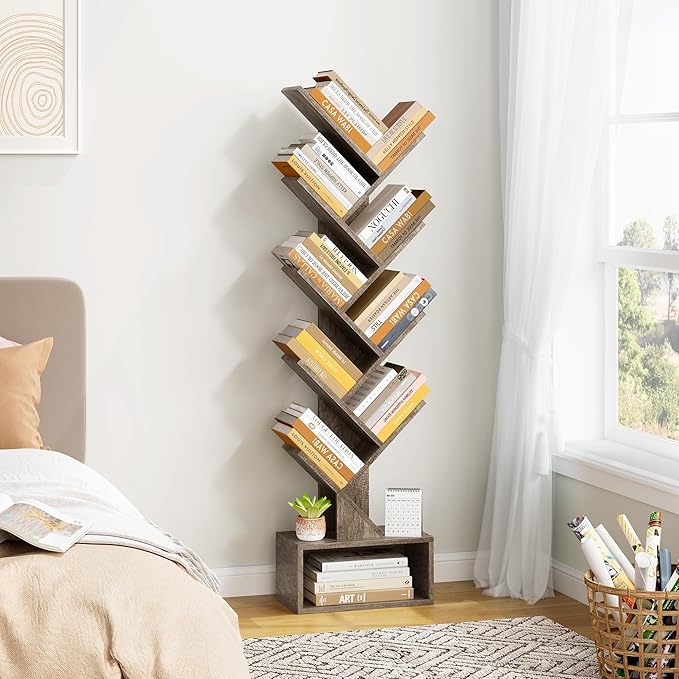 Hoctieon 9 Tier Tree Bookshelf, Tall Bookcase with Drawer, Wood Book Shelf, Modern Floor Standing Bookshelves, Book Organizer Shelves for Bedroom, Living Room, Home Office, Greige