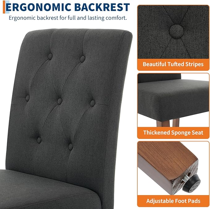 Upholstered Dining Chairs Set of 4, Modern Fabric Kitchen Side Chairs with Sturdy Wood Legs, Parsons Design, Comfortable Soft Linen for Dining Room, Restaurant, Cafe, Black