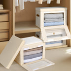 Collapsible Storage Bins - Large Closet Organizer with Handles & Window, Decorative Storage Boxes, Fabric Containers for Living Room, Dorm, 4 Pack, Beige