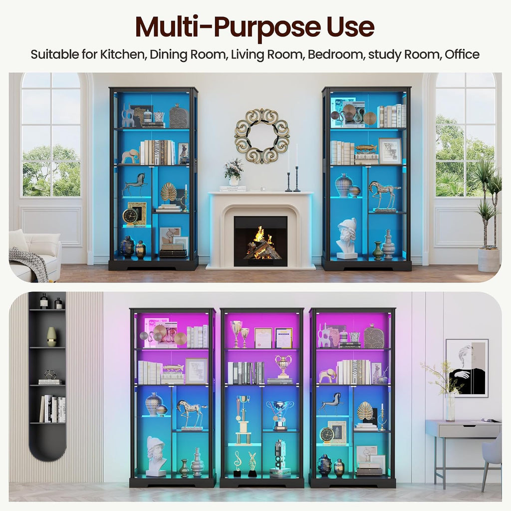 Lvifur 71” Glass Display Cabinet with RGB Light for Collectibles - Black | 4mm Tempered Glass Doors, 7-Tiers Large Storage Capacity, Human Sensor, 12 Color Adsjutable Lights, 7 Shelves, Lockable Door