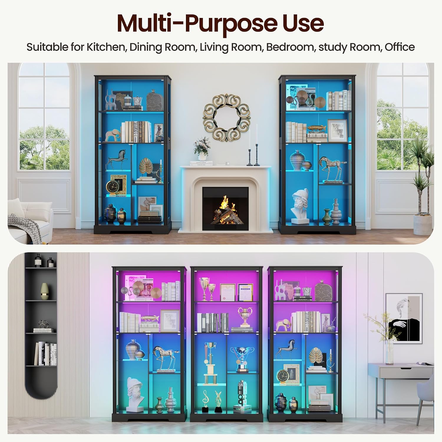 Lvifur 71” Glass Display Cabinet with RGB Light for Collectibles - Black | 4mm Tempered Glass Doors, 7-Tiers Large Storage Capacity, Human Sensor, 12 Color Adsjutable Lights, 7 Shelves, Lockable Door