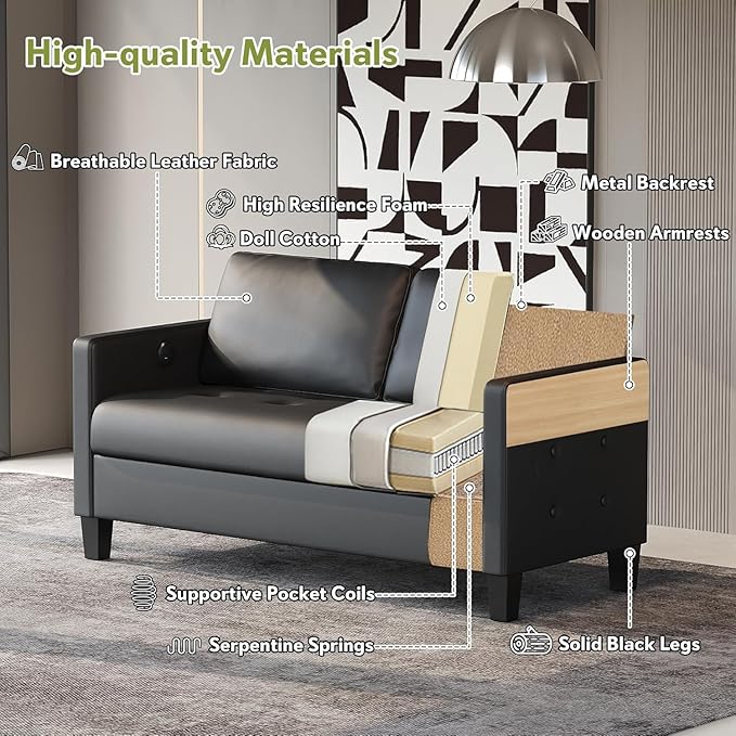 STHOUYN 59” Black Faux Leather Sofa Couch, Modern Comfy Office 2 Seater Couch Loveseat with USB & Tufted Armrest, Small Love Seat Couches for Living Room, Bedroom, Apartment
