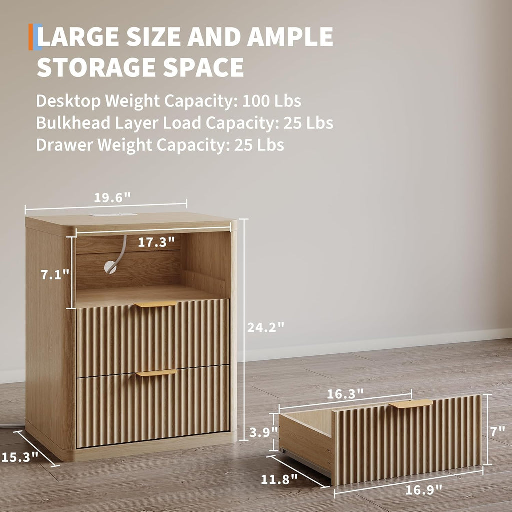 Fluted Nightstand Set of 2 with Charging Station, Bedside Table with 2 Drawers and Open Storage Space, Metal Handles and Rounded Corners for Safety, Mid Century Modern End Table, Bedroom, Living Room