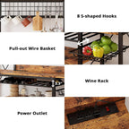 IRONCK 62.4-Inch Bakers Rack with Power Outlets and Wine Storage | 62.4-inch wide bakers rack combines 5 shelves, 3 AC outlets, a wine rack, basket, and S-hooks.