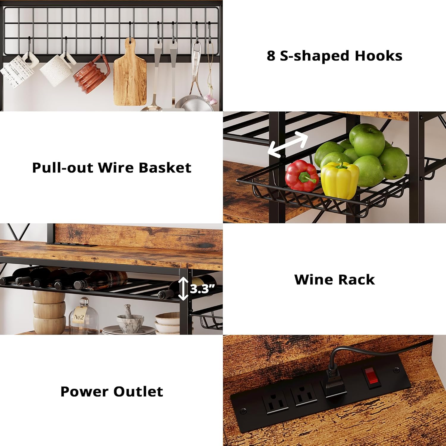 IRONCK 62.4-Inch Bakers Rack with Power Outlets and Wine Storage | 62.4-inch wide bakers rack combines 5 shelves, 3 AC outlets, a wine rack, basket, and S-hooks.