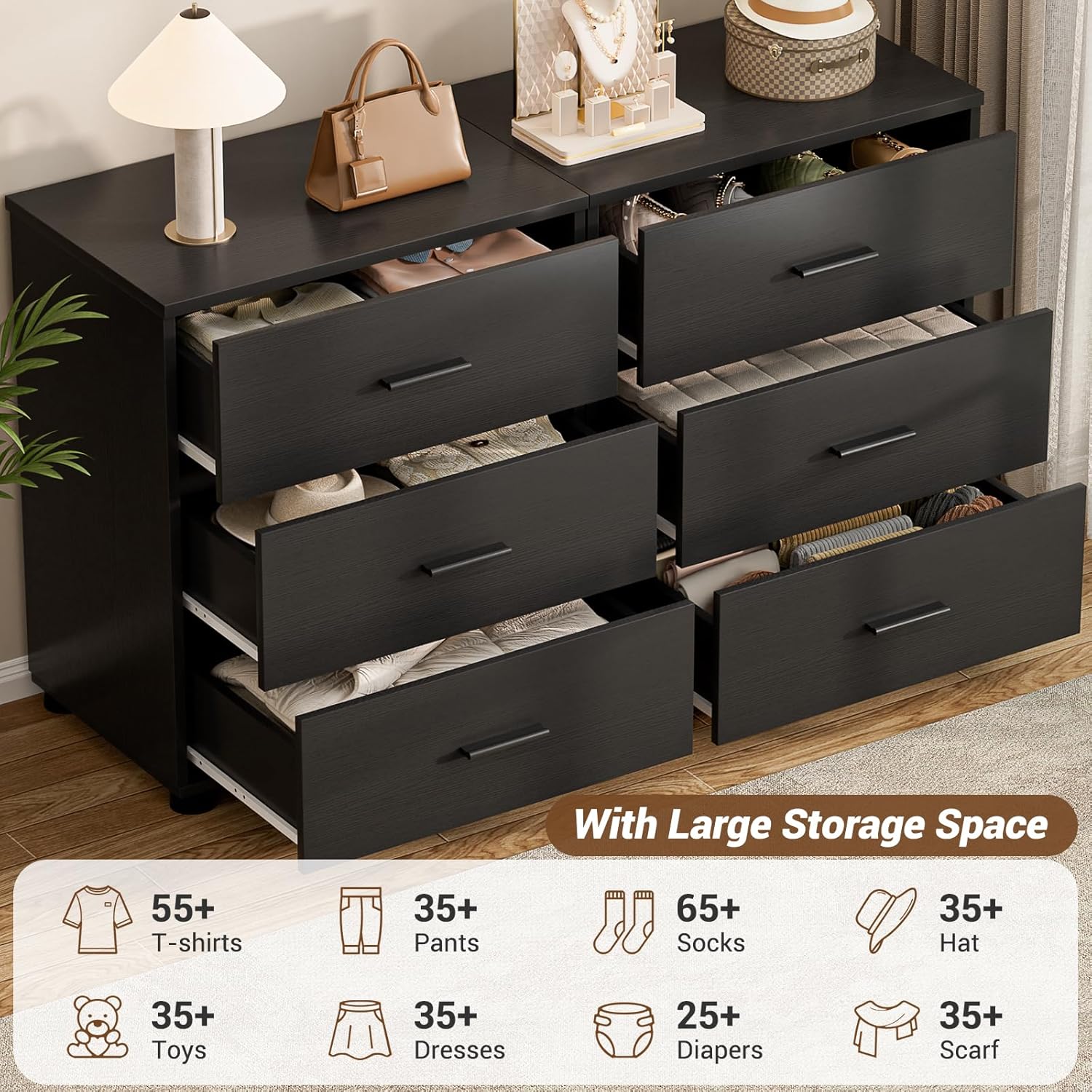 Aheaplus Closet Drawers Set of 2, Wood Closet Organizers and Storage with 3 Drawers, Closet Drawers Organizer System, Nightstands Bedside End Table with 3 Drawers Storage for Bedroom, Black
