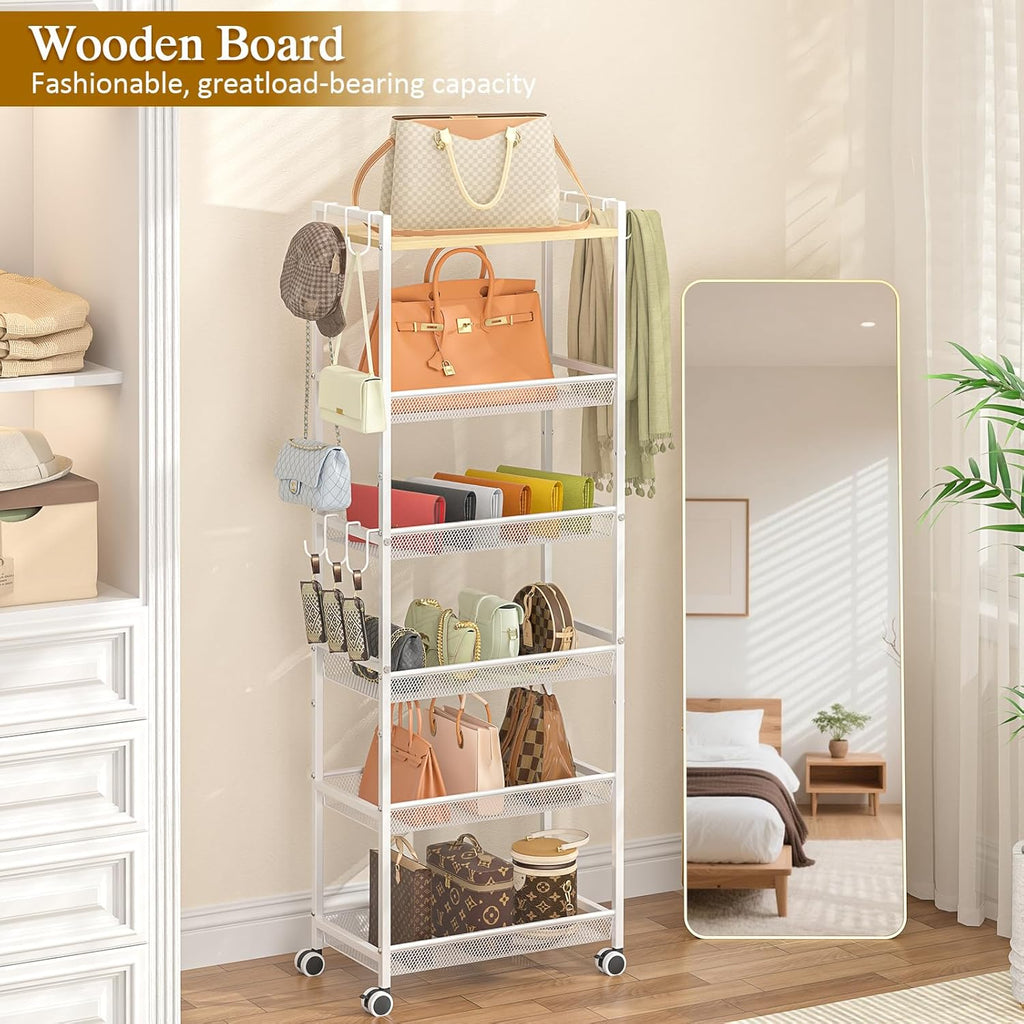 6 Tier Tall Purse Organizer for Closet, Large Capacity Bag Organizer with 12 Hooks, Rolling Purse Rack Stand with Lockable Wheels & Wooden Top, Heavy Duty Handbag Storage Shelf for Bedroom Entryway