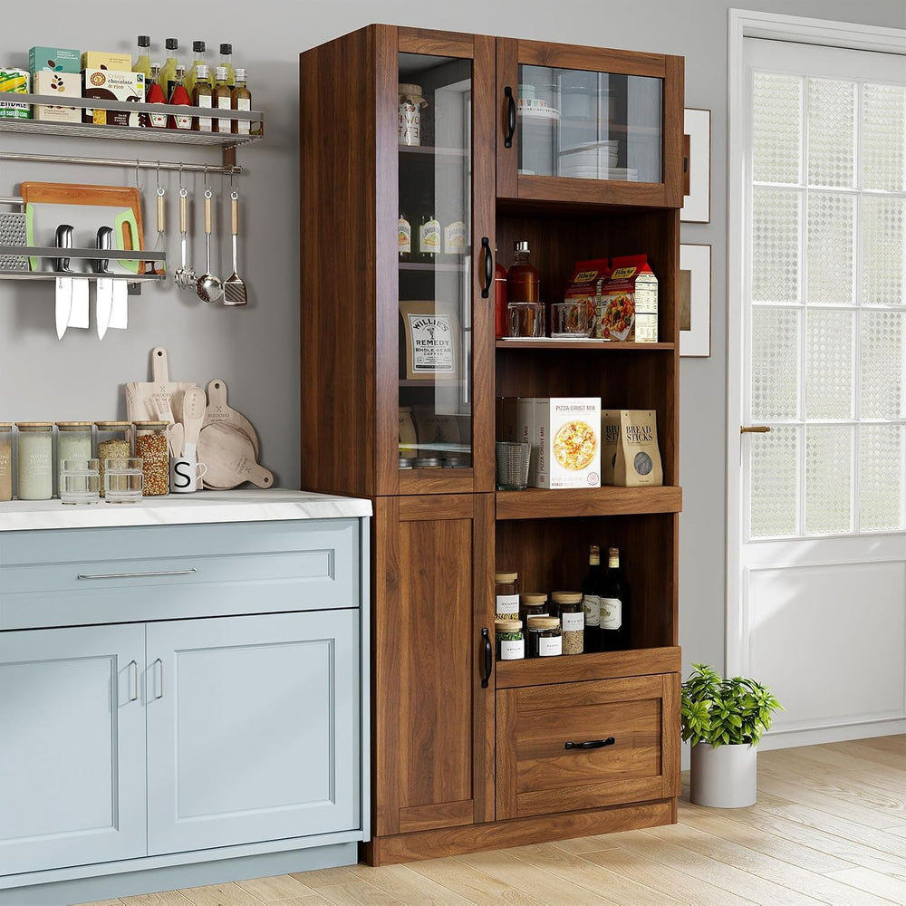JOYSOURCE Tall Kitchen Hutch Cabinet with Pull-Out Shelves, Storage Drawer, G...