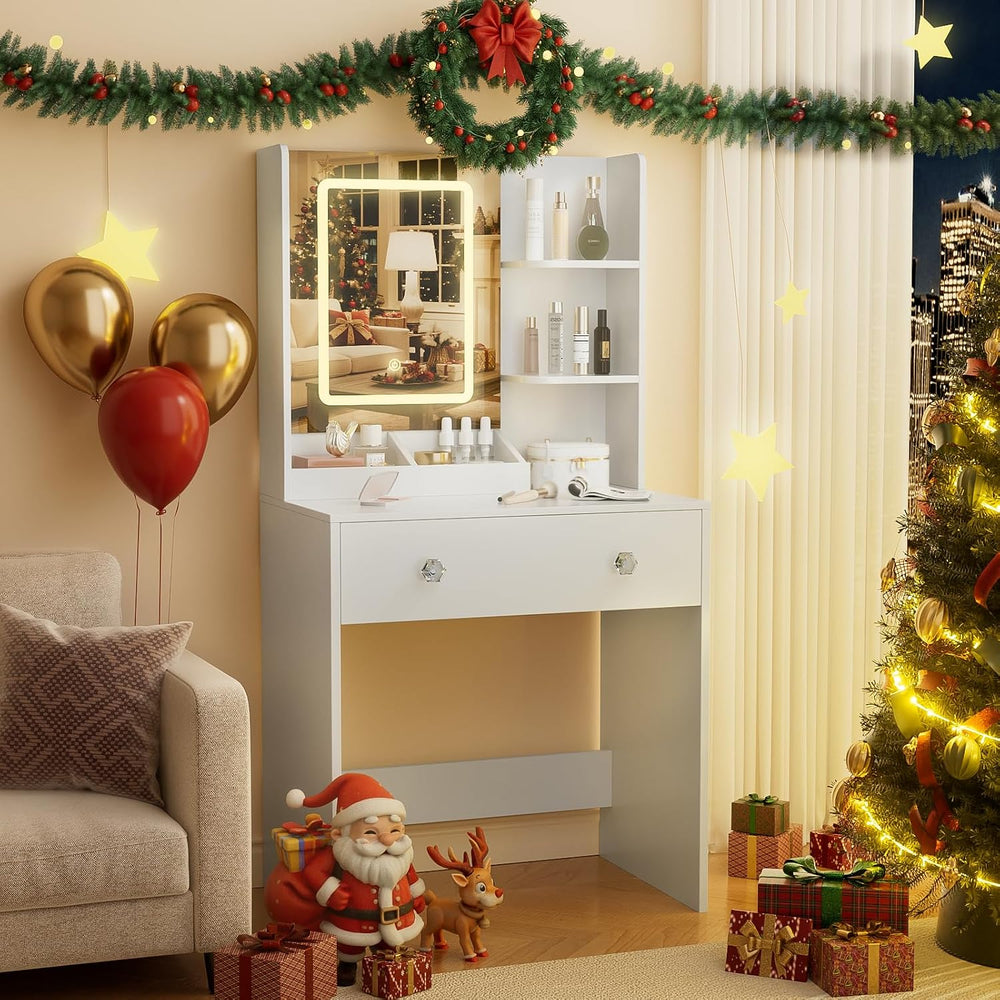 Korfile 24" White Small Vanity Desk with Lighted Mirror & Power Outl...