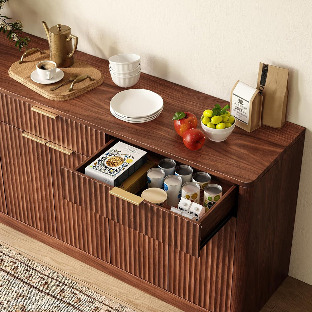 Evermagin 67" Fluted Walnut Sideboard Buffet Cabinet with 3 Drawers, Mod...