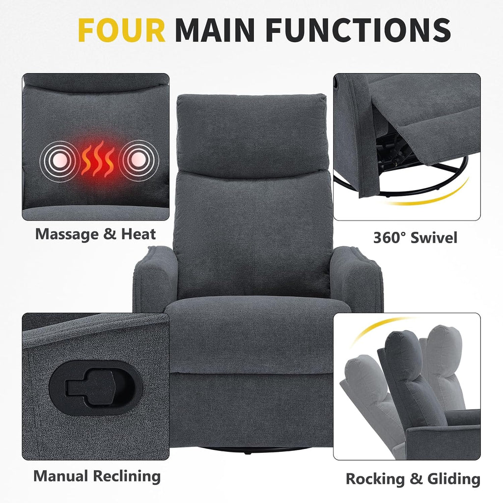 Trustyue Swivel Rocker Recliner Chair, 360° Swivel Recliner with Heat and Massage, Rocker Recliner Nursery Glider Chair with Side Pockets for Living Room (Grey, Fabric)