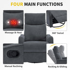 Trustyue Swivel Rocker Recliner Chair, 360° Swivel Recliner with Heat and Massage, Rocker Recliner Nursery Glider Chair with Side Pockets for Living Room (Grey, Fabric)