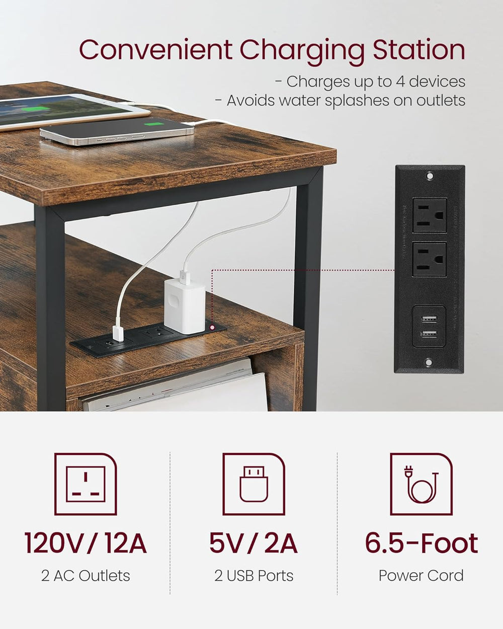 VASAGLE Side End Table with Charging Station, Slim Nightstand with 2 Drawers,...