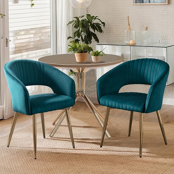 Teal Velvet Dining Chairs Gold Legs, Modern Dining Room Chairs with Arms Set of 2 Upholstered Accent Chair Armchair with Barrel Back for Kitchen Living Room