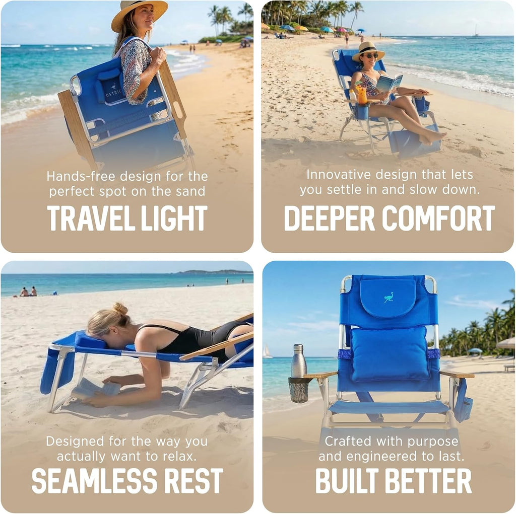 Ostrich the Deluxe 3N1 Lightweight Lawn Beach Reclining Lounge Chair with Footrest, Outdoor Furniture for Patio, Balcony, Backyard, or Porch, Blue