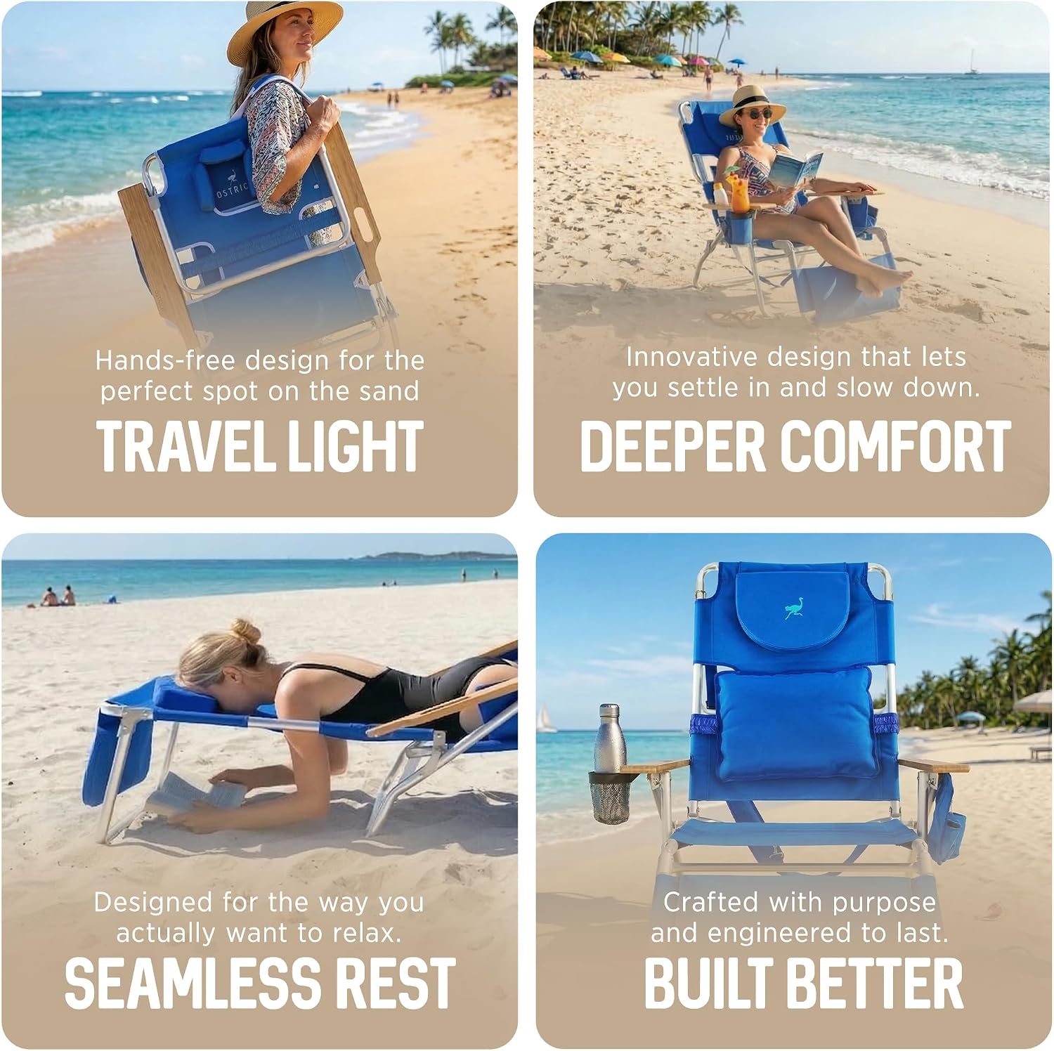 Ostrich the Deluxe 3N1 Lightweight Lawn Beach Reclining Lounge Chair with Footrest, Outdoor Furniture for Patio, Balcony, Backyard, or Porch, Blue