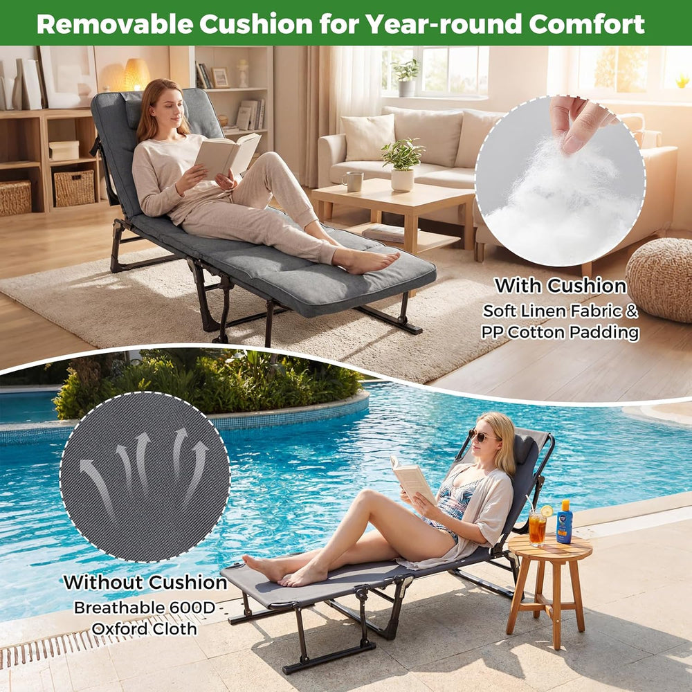 KOTEK Chaise Lounge Chair, 6-Position Folding Camping Cot with Padded Mattres...