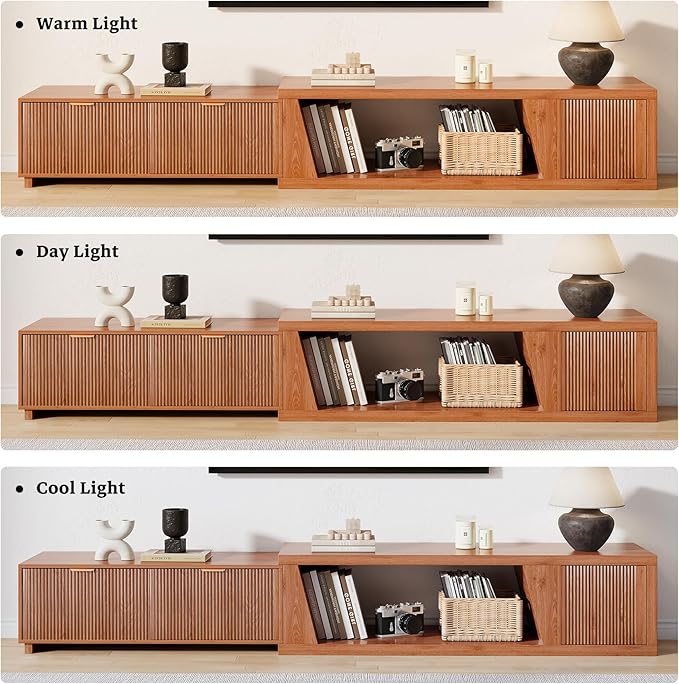 98 Inch TV Stands for Living Room, Wooden Extra Long TV Stand with Adjustable Shelf and Drawers, Flutted Extendable TV Console with Storage Cabinet, Warm Brown Oak (64.57" W-98.43" W)