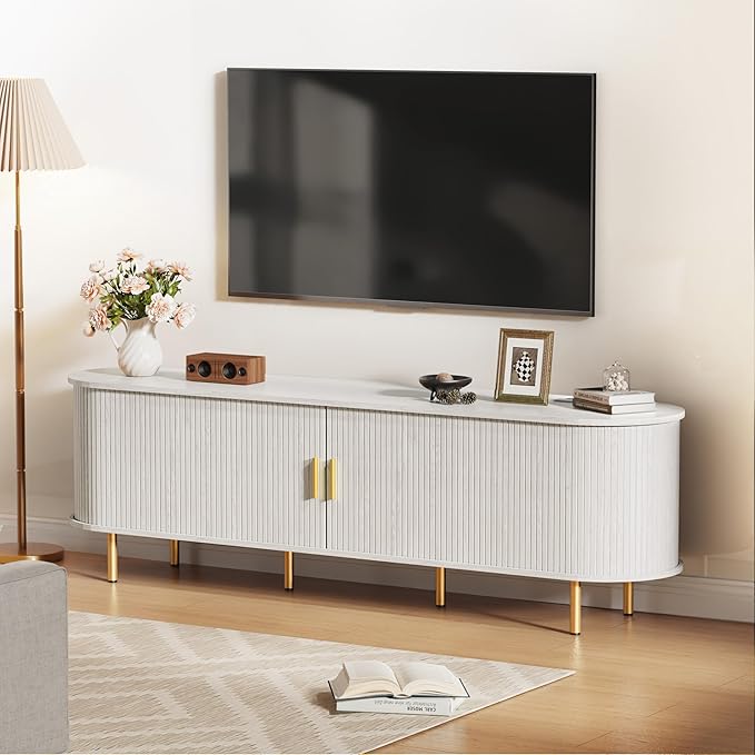 DHH 70.8 Inch Mid Century Modern TV Stand with Power Outlet for TVs up to 80 Inch, Entertainment Center with Storage and Adjustable Shelves, Media Console with Sliding Doors for Living Room(White)