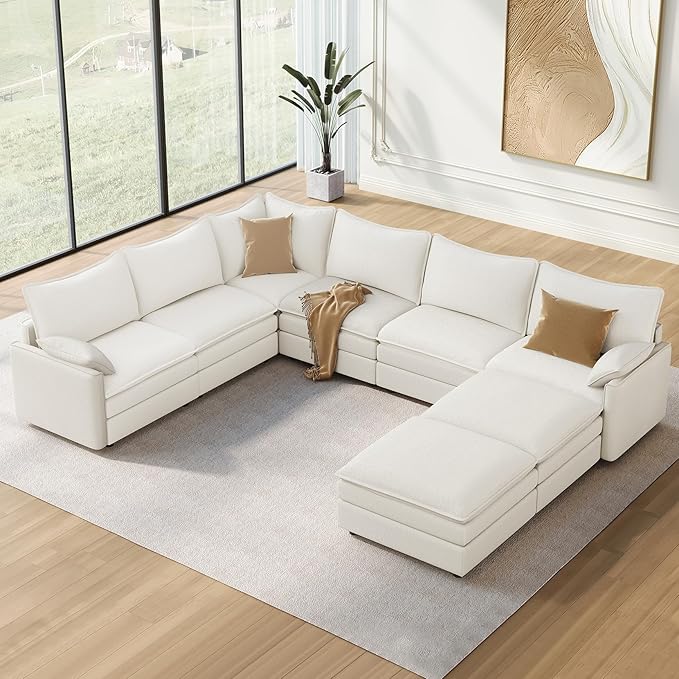 Vesgantti Large Modular Sectional Sofa, Big Comfy Cloud Couch with Ottoman Deep Seat Chenille Cloud Sofa, 8 Seater Large Sectional Couches for Living Room, Bedroom and Apartment, Snow White