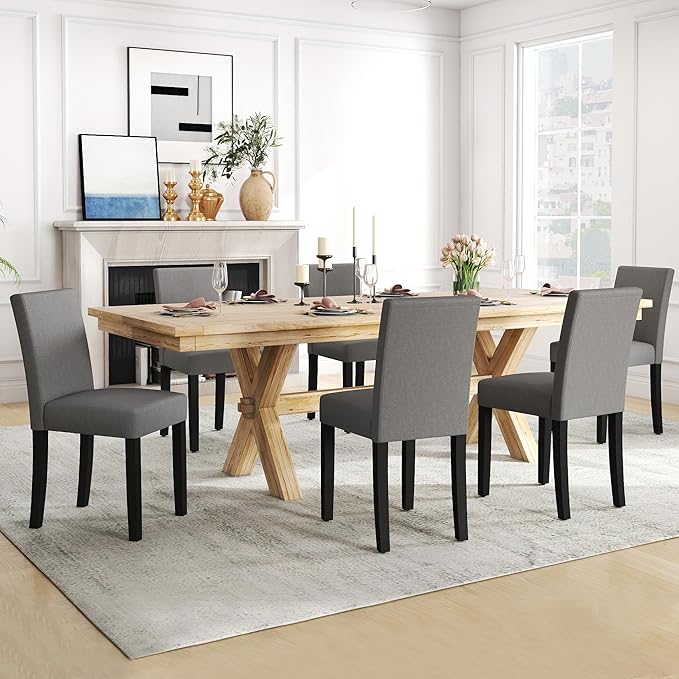 LSSPAID Dining Chairs Set of 6, Modern Stylish Fabric Upholstered Parson Chair, Dining Room Chairs with Solid Wood Legs for Kitchen Living Room, Grey