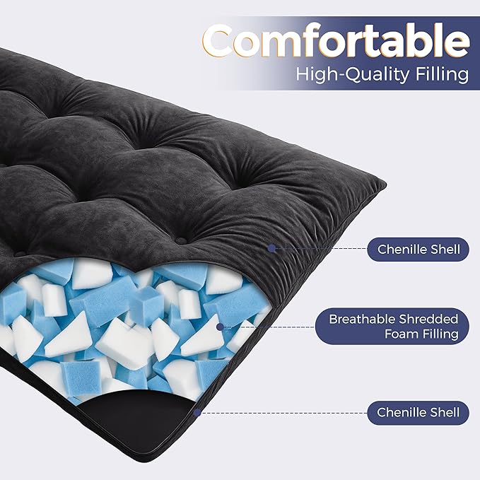 MAXYOYO Japanese Floor Mattress Full Size, 6" Foldable Futon Mattress Tufted Roll Up Floor Bed, Thick Chenille Tatami Mat Sleeping Pad for Camping Guest Room Dormitory Bedroom RV, Black