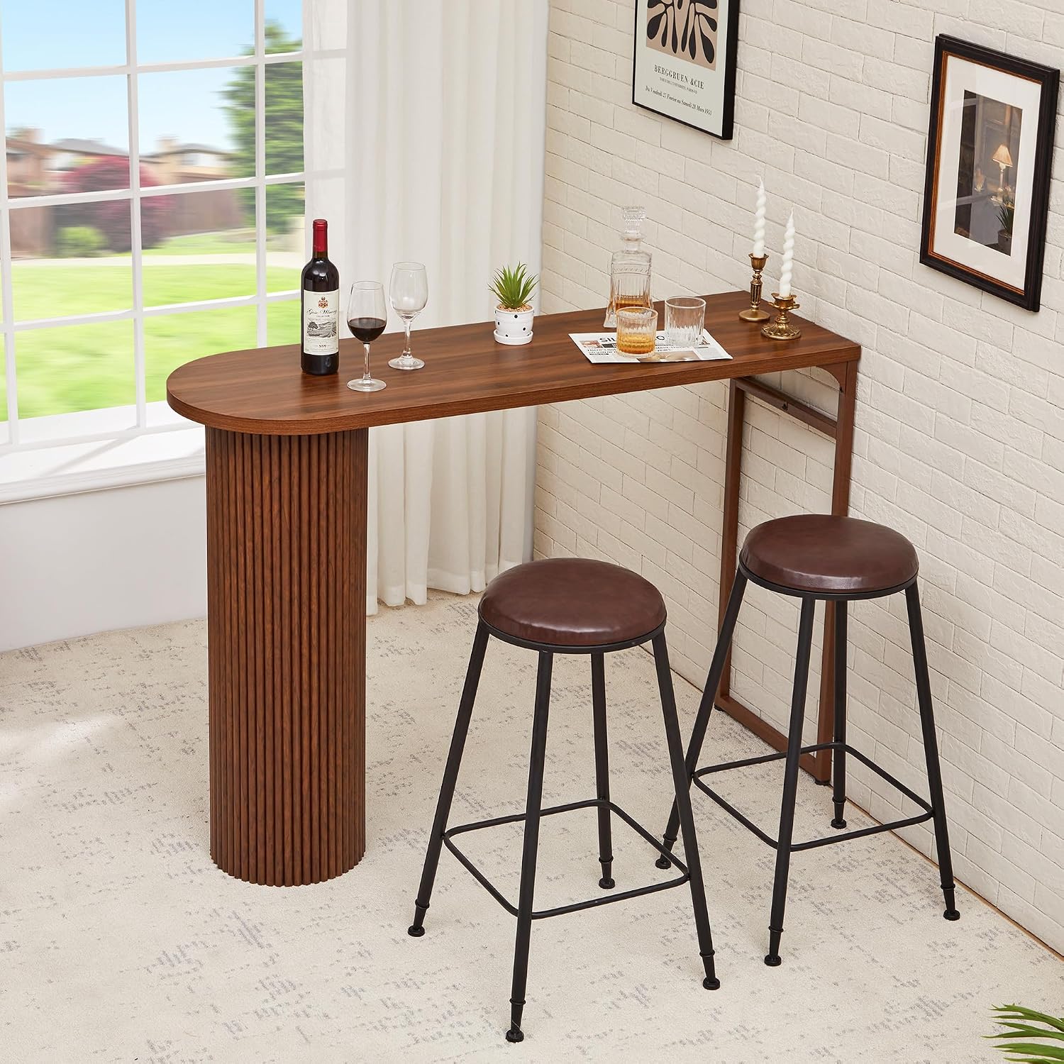 55" Long Bar Table, Fluted Wood Counter Height Pub Table, High Top Kitchen Breakfast Bar Tables with Sturdy Metal Frame, Modern Bar Height Dining Table for Bistro, Dining Room, Living Room