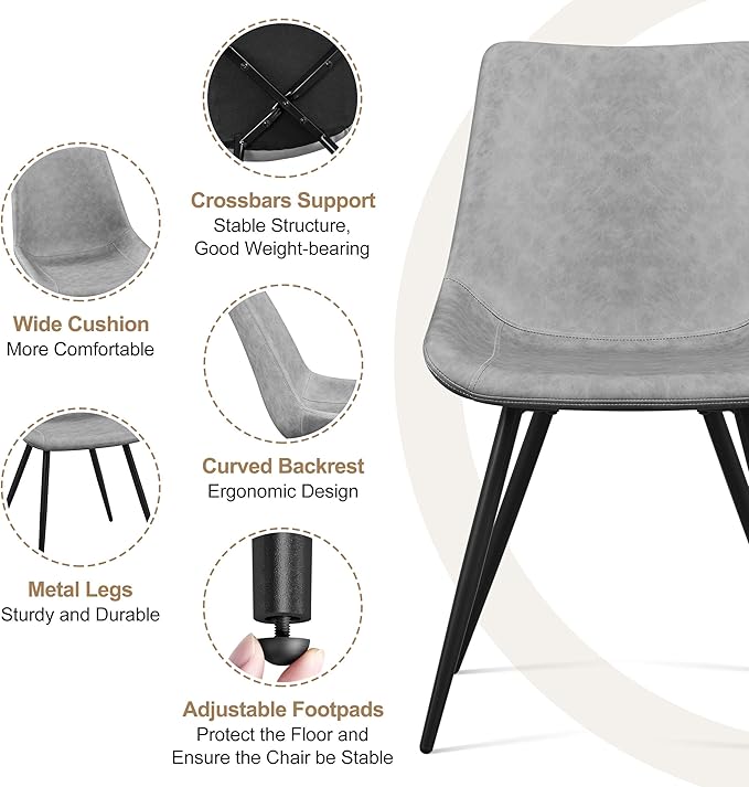 Yaheetech Dining Chairs Set of 2 Modern Upholstered Dining Room Chairs with Faux Leather Seat and Metal Legs for Home, Kitchen, Armless Design, Gray