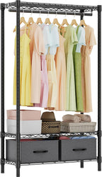 Heavy Duty Rolling Garment Rack 3 Tiers Adjustable Wire Shelving with Rod, Storage Closet Clothing Rack with Drawers Dark Grey, 15.8" D x 35.5" W x 72.4" H