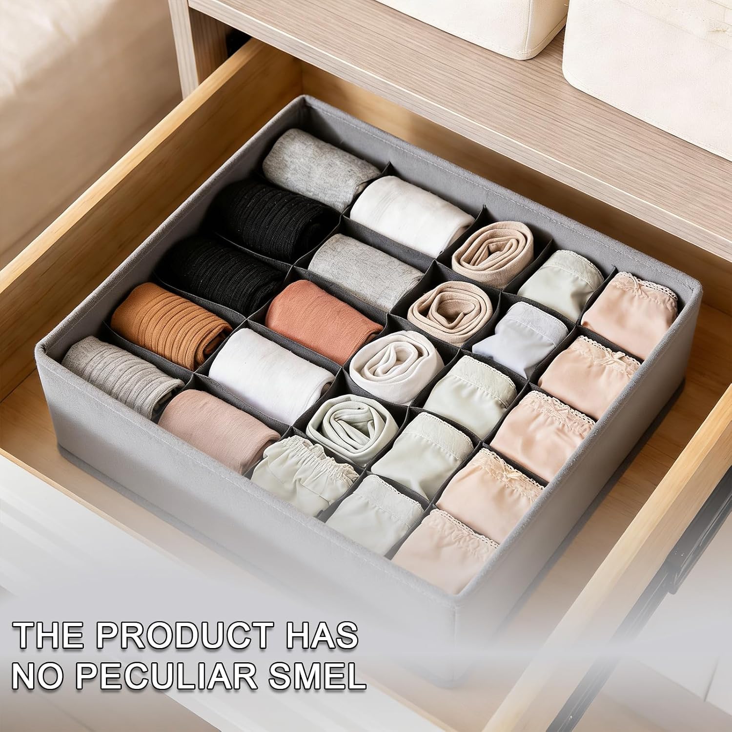 Sock Organizer Drawer Organizer,24 Compartment Foldable Storage,Closet Dividers for Underwear, Socks, Bras, Scarves, Ties, Grizzly